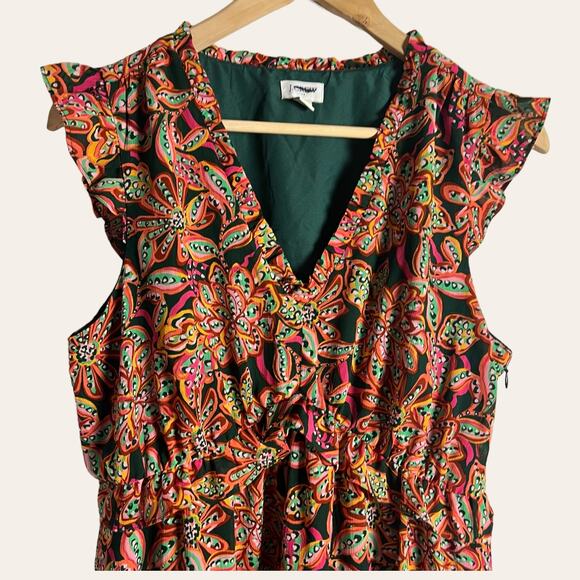 J.Crew Red Floral Print Ruffled Cap Sleeve V-Neck Flounce Dress Size 8 - Picture 2 of 10